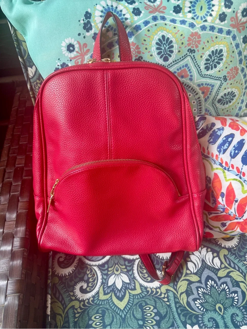 Pebbled Red Women's Leather (?) Backpack with Gold Hardware
